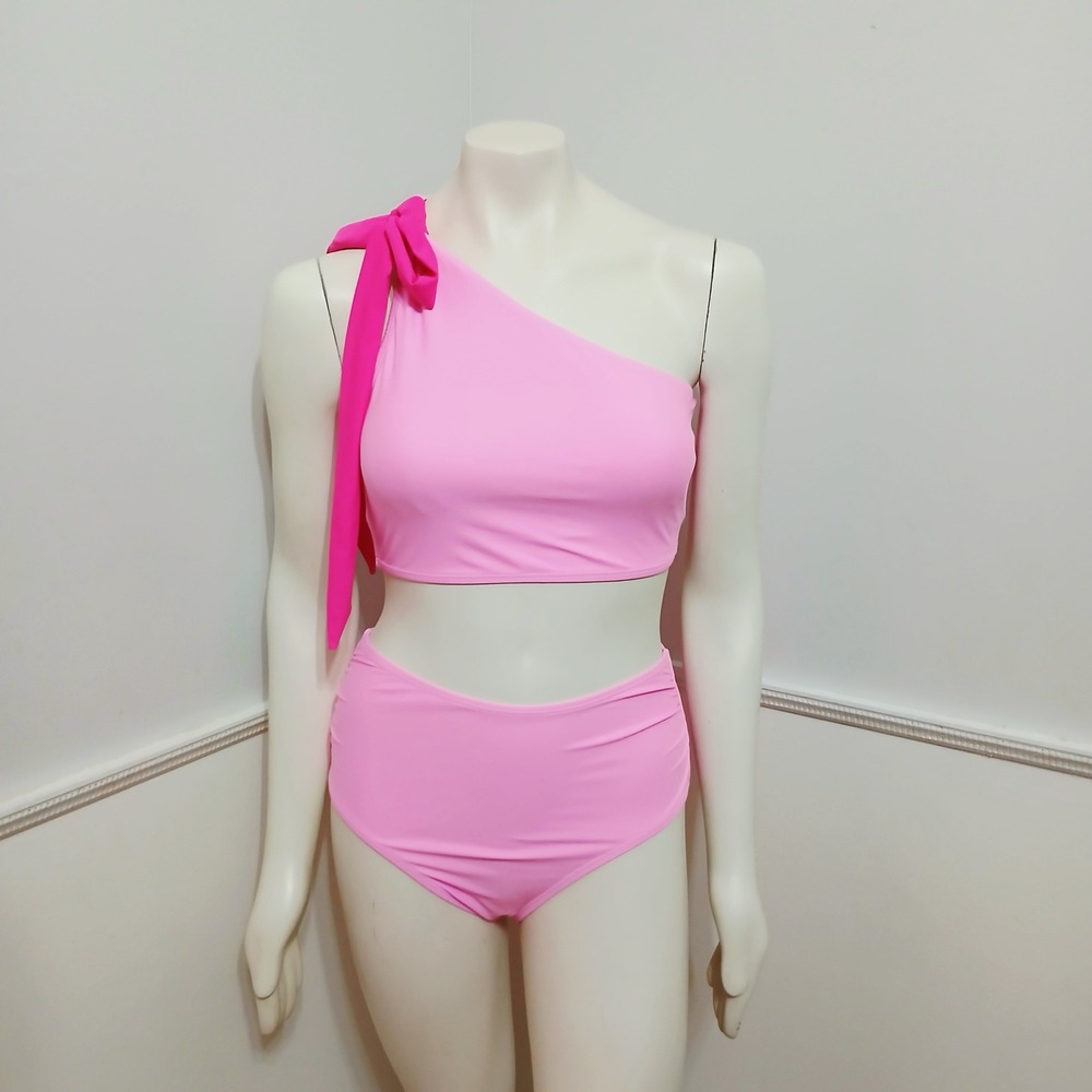 Pink One Shoulder Bow Bikini Set High Waisted Two Piece Swimsuit Medium